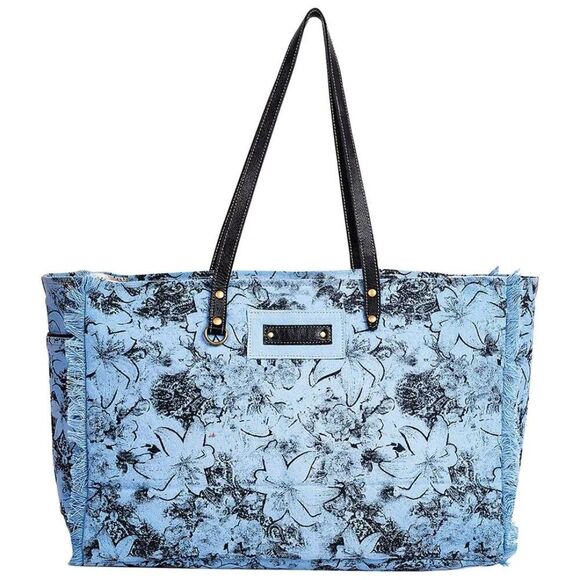 Myra Bag Handmade Bleu Weekender Bag Upcycled Canvas & Cowhide Leather - Picture 4 of 12
